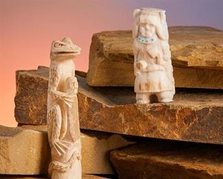 281
Late 20th/21st century
Two Zuni Carved Fetish Animals
Each variously marked
Comprising a perching lizard (Lewis Malie) and a buffalo dancer with inset turquoise (Maxx Laate), each carved from bone or antler, 2 pieces
Lizard: 4.375" H x 1" Dia.
Estimate: $100 - $200