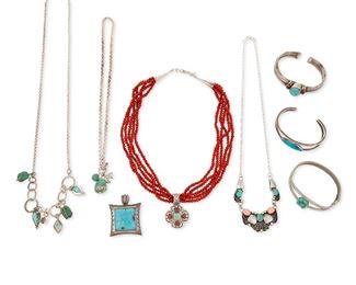 286
Late 20th/21st century
A Group Of Southwest-Style Jewelry
Eight works:

A Dominique Dinouart Mexican silver two-wire cuff with central diamond-shaped turquoise
Stamped: DDD / Mexico / 925
6.625" total inner C x 0.75" H, with a 1.125" gap

An Esposito ridged spring two-wire cuff bracelet with central set turquoise and coral
Stamped: ESPO / 925
6.75" total inner C x 0.75" H, with a 0.75" gap

A silver metal and set turquoise two-wire hinged bangle bracelet
Appears unmarked
6.75" inner C x 0.75" H

A set turquoise and silver pendant
Stamped: BA / 925 / Indonesia
2" H x 1.5" W

A multistrand coral bead necklace with sterling silver set stone pendant
Stamped: M.G. / 925
19" L x 1.75" H

A sterling silver, turquoise and set stone three-link necklace with applied silver motifs and a small paper clip chain
Stamped with maker's conjoined mark; further stamped: Sterling
21" L x 1" H

A sterling silver chain necklace with two turquoise charms and one bear charm, with a T-bar clasp
Bear stampe