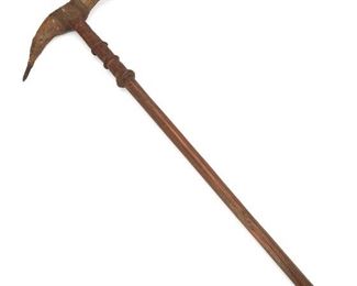 304
20th century
A North American Double Horn Club
Comprised of two horns each wrapped with sinew and hide, with metal tips, and attached to a leather-wrapped wood shaft
25" H x 11" W
Estimate: $200 - $400