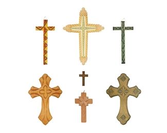 309
Circa 2005
A Group Of Devotional Crosses
Each variously signed and dated
Comprising three carved wood crosses, two polychromed wood crosses, one micaceous ceramic cross, and an encrusted straw cross, artists include Andrew and Lorraine Garcia, Lee J. Valdez, Jimmy Trujillo, and Delores Martinez, 7 pieces
Largest: 20" H x 14.25" W x 1" D; smallest: 5" H x 3" W x 0.5" D
Estimate: $100 - $200