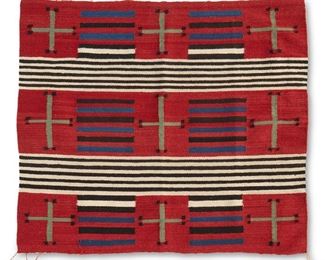 312
20th century, Mexico
A Navajo-Style Wearing Blanket
Woven in red, white, blue, black and green wool in the style of a Navajo Third Phase chief's blanket, with striped banding alternating with bands of spider woman crosses
41" H x 46.5" W
Estimate: $500 - $700