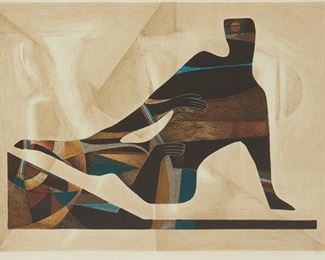 316
Neal Doty
1941-2016
"Cleopatra," 1979
Screenprint in colors on Arches paper
Edition: 12/99
Signed and numbered in pencil in the lower margin; Accent Graphic Studios, Los Angeles, CA, prntr.; Eidolon, San Francisco, CA, pub.
Image: 24" H x 34.125" W; Sight: 25" H x 34.5" W
Estimate: $300 - $500