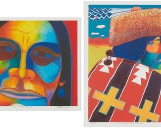 318
20th Century American
"Man from Red Valley"
Color offset on paper
Edition: 16/95
Signed indistinctly, titled, and numbered in pencil in the lower margin: WB Pra[***]
Image: 12" H x 10" W; Sight: 13" H x 11" W

"Man of the People"
Color offset on paper
Edition: 15/95
Signed indistinctly, titled, and numbered in pencil in the lower margin: WB Pra[***]
Image: 10" H x 12" W; Sight: 11" H x 13" W

2 pieces
Estimate: $300 - $500