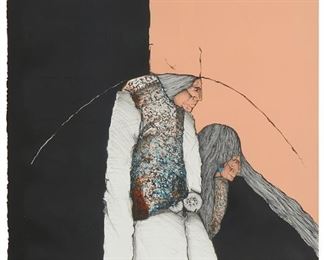 319
Amado Maurillo Pena Jr.
b. 1943, Pascua Yaqui
Elders Waiting In The Shade
Lithograph in colors on paper, watermark BFK Rives
Edition: 53/65
Signed, numbered, and indistinctly inscribed, all in pencil, along the lower edge: Amado Maurillo Pena; two unidentified blindstamps in the lower corners
Image/Sheet: 30.5" H x 22.5" W
Estimate: $200 - $300