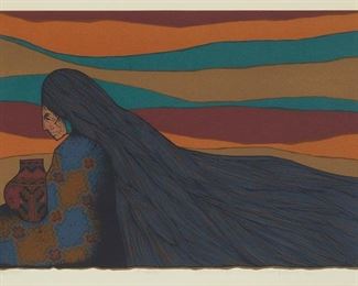 320
Amado Maurilio Pena
b. 1943, Pascua Yaqui
"Al Viento"
Lithograph in colors on paper
Edition: 24/65
Signed, titled, and numbered in pencil in the lower margin: Amado Maurilio Pena; three unidentified blindstamps in the lower margin
Image: 18" H x 26" W; Sight: 19.75" H x 27.5" W
Estimate: $300 - $500