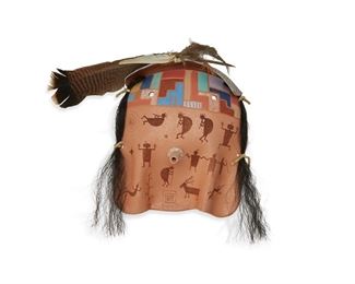 331
Late 20th century
David K. John (B. 1963, Dine)
Marked to side front: David K. John
A Navajo polychrome micaceous pottery wall mask with Kokopelli figures and attached horse hair and feathers
12" H x 10" W x 3.5" D; with feather: 16.5" W
Estimate: $100 - $200