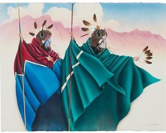 339
Bennie Nelson Yellowman
b. 1952, Dine
"The Challenge," 1991
Watercolor, gouache, and ink on paper
Signed, dated and inscribed, lower right: Yellowman © / phil. 4:13; titled on the artist's card affixed to the backboard
Image/Sheet: 22.5" H x 30" W
Estimate: $700 - $900