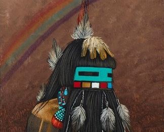 338
Duane Dishta
b. 1946, Zuni
Zuni Pueblo Portrait, 1989
Oil on canvas
Signed and dated lower right: Duane Dishta
8" H x 6" W
Estimate: $400 - $600
