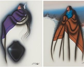 340
Robert Redbird (B. 1964, Kiowa)
Native American figure wrapped in a brown blanket
Mixed media on paper
Signed and inscribed lower right: Robert Redbird / Kiowa ©
Sight: 29" H x 21" W

Native American figure wrapped in purple blanket
Mixed media on paper
Signed and inscribed lower right: Robert Redbird / Kiowa ©
Sight: 28" H x 21" W

2 pieces
Estimate: $300 - $500