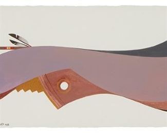 344
Carlis M. Chee
b. 1971, Dine
"Peace Within Series," 1998
Acrylic, including metallic pigments, on paper
Signed and dated lower left: Carlis M. Chee ©, signed and dated again, and titled, on the frame's backboard
Image: 7" H x 18" W; Sight: 8" H x 19" W
Estimate: $200 - $400