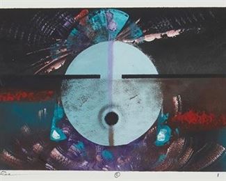 346
Carlis M. Chee
b. 1971, Dine
Untitled Hopi Mask, 1996
Acrylic, including metallic pigments, on paper
Signed and dated along the lower margin edge: Carlis M. Chee ©
Image: 7.25" H x 17" W; Sight: 8" H x 18" W
Estimate: $200 - $400