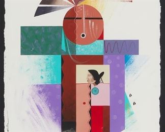 348
Carlis M. Chee
b. 1971, Dine
"Blessing From Dine," 1996
Acrylic on paper
Signed and dated along the lower portion of the left vertical edge; signed again, and titled and dedicated, on the frame's backboard
Image: 19" H x 15.875" W; Sight: 19.75" H x 17" W
Estimate: $200 - $400