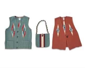 352
Late 20th century; New Mexico
A Group Of Chimayo Textile Clothing
Vests with label: Ortega's / 100% All Wool / Hand Woven / Chimayo, N.M.; bag: Ortega's Weaving Shop / 100% wool / Chimayo New Mexico 87522
Comprising three works including a green wool vest/waistcoat with red, blue and cream serrated diamond motifs, four leather buttons, and two patch pockets (Size 44; 26.25" center back length), a dusty pink wool tabard-style vest/waistcoat with cream, grey and blue serrated diamonds, a central leather button and two side buttons ( Size: L; 25" center back length), and a woven green wool shoulder bag with central striped banding, a leather button, braided wool strap and gold sateen lining (10.75" H x 11.75" W; strap drop: 14"), 3 pieces
Estimate: $300 - $500