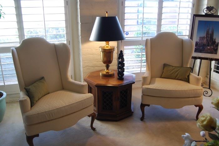 WINGBACK CHAIRS, DECOR  (TABLE AND LAMP HAVE BEEN SOLD)