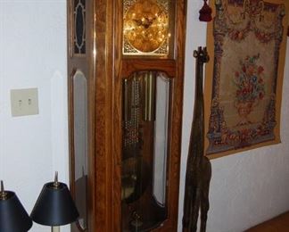 GRANDFATHER CLOCK BY HOWARD MILLER, WALL TAPESTRY, DECOR  (TALL LAMPS HAVE BEEN SOLD)