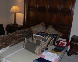 BOX SPRINGS, FRAME, PILLOWS AND TABLE LINENS ARE AVAILABLE FOR SATURDAY PURCHASE.  CURTAINS, NIGHT STANDS, AND KING HEADBOARD HAVE BEEN SOLD.