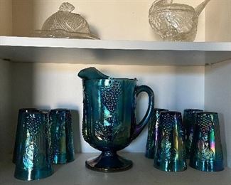 Carnival glass pitcher set