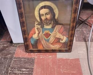 Early print of Jesus with feather frame