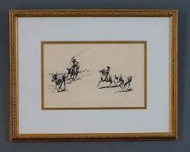 Borein, Edward. Attrib. TWO COWBOYS WITH STEER Pen and Ink Drawing
