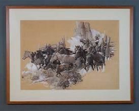 Eggenhoffer, Nick. COWBOY WITH HORSES Watercolor Gouache on Paper
