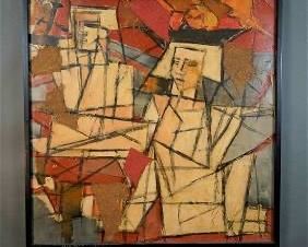 Cubist TWO MEN Post War Mixed Media Canvas Painting
