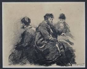1906 Russian Graphite Drawing THREE SEATED MEN Artist Signed and Dated
