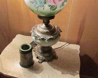 Green floral Gone with the Wind lamp $250.00, 1950s marble top end table
