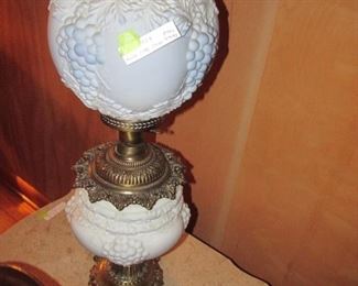 Grape pattern of white over blue Gone with the Wind lamp $250.00, 1 of pair of 1950s marble top end tables with drawer