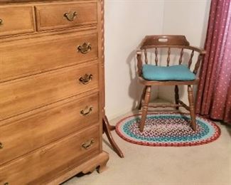 Chest with dining rom chair and painted milk can