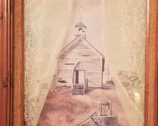 Cute rural church with curtain frame