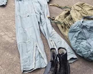 Vietnam era overall, boots and duffle bags