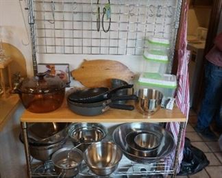pots and pans, bowls, pig cutting board