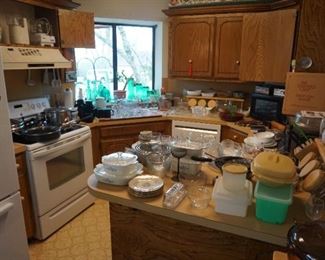 Kitchen-Corning Ware, Tupperware, pots and pans. canisters, microwave, convection oven and more
