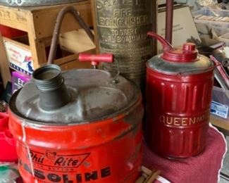 Collectible gas cans, vintage fire extinguisher