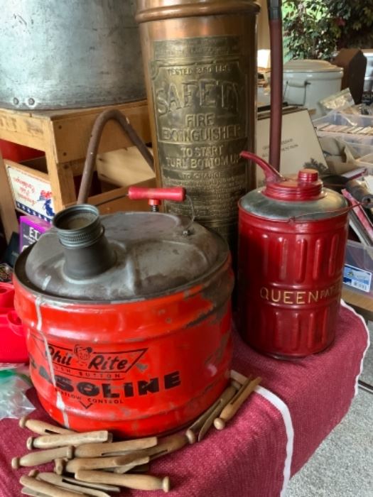 Collectible gas cans, vintage fire extinguisher