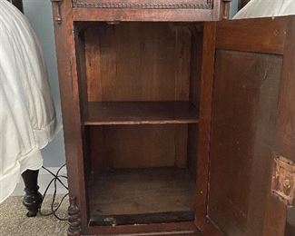 (F3) $95. Antique bedside table. Very good condition. Measures 16" deep x 14" wide x 30" tall. 