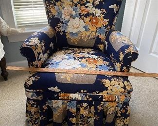 (F4) $75. Smaller reupholstered Arm Chair. Beautiful blue fabric. Measures 27" outside arms. Floor to seat is 15". Floor to back is 31". 