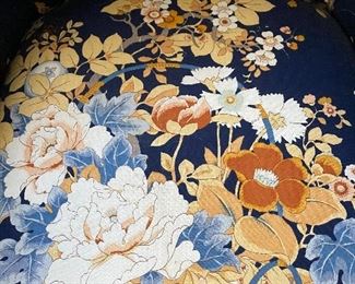 (F4) $75. Smaller reupholstered Arm Chair. Beautiful blue fabric. Measures 27" outside arms. Floor to seat is 15". Floor to back is 31". 