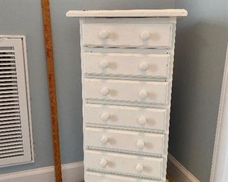 (F5) $45. Small painted white measures 11.5" deep x 14.5" wide x 32" tall. Drawers slide OK. 