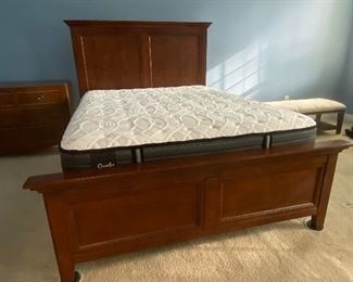 (F8) $450. Queen bed frame from Haverty's "Ashebrooke" Collection. (Includes 3-year-old Sealy mattress & Boxspring if you want them. ) Headboard does come apart in 2 pieces if you want to disassemble to move. Measures 67.5" wide at headboard x 58" tall. 