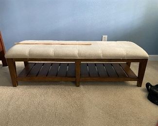 (F9) $100. Upholstered Bench "Urban Crossroads Bed Bench" used at the foot of the bed. Measures 18" wide x 5' long x 18" tall. 
