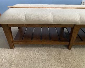 (F9) $100. Upholstered Bench "Urban Crossroads Bed Bench" used at the foot of the bed. Measures 18" wide x 5' long x 18" tall. 