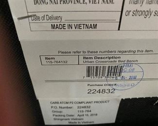 (F9) $100. Upholstered Bench "Urban Crossroads Bed Bench" used at the foot of the bed. Measures 18" wide x 5' long x 18" tall. 