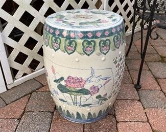 $150 EACH. 2 Available. Chinese Ceramic Garden Stool. Measures 18" tall x 12" on the top. 
