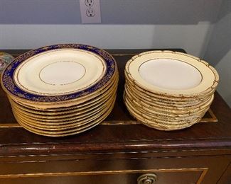 2 styles $400 EACH set. Tiffany & Co. China. 11 - 10.5" Blue Plates. 12 - 8.5" Gold Plates