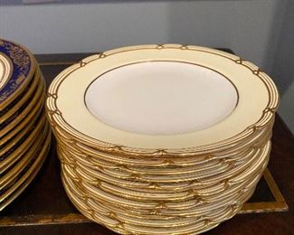 2 styles $400 EACH set. Tiffany & Co. China. 11 - 10.5" Blue Plates. 12 - 8.5" Gold Plates