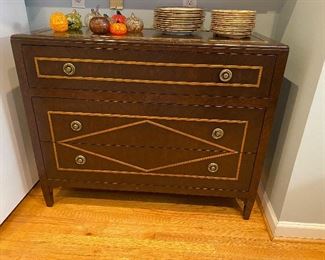 (F14) $550. Lillian August for Hickory White - 3 drawer cabinet. Was used in the kitchen for linen storage but could easily be used in a bedroom or entry cabinet. The golden trim on the top does show some wear. 