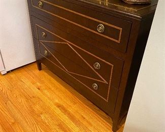 (F14) $550. Lillian August for Hickory White - 3 drawer cabinet. Was used in the kitchen for linen storage but could easily be used in a bedroom or entry cabinet. The golden trim on the top does show some wear. 