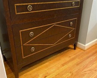 (F14) $550. Lillian August for Hickory White - 3 drawer cabinet. Was used in the kitchen for linen storage but could easily be used in a bedroom or entry cabinet. The golden trim on the top does show some wear. 