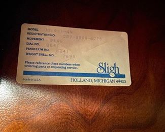 (F15) $1500. Sligh Alexandria Grandfather Clock -(Model 0819-1-AN)  Absolutely beautiful condition. Measures 26" at the widest point 86.5" tall x 15" at the deepest point. 